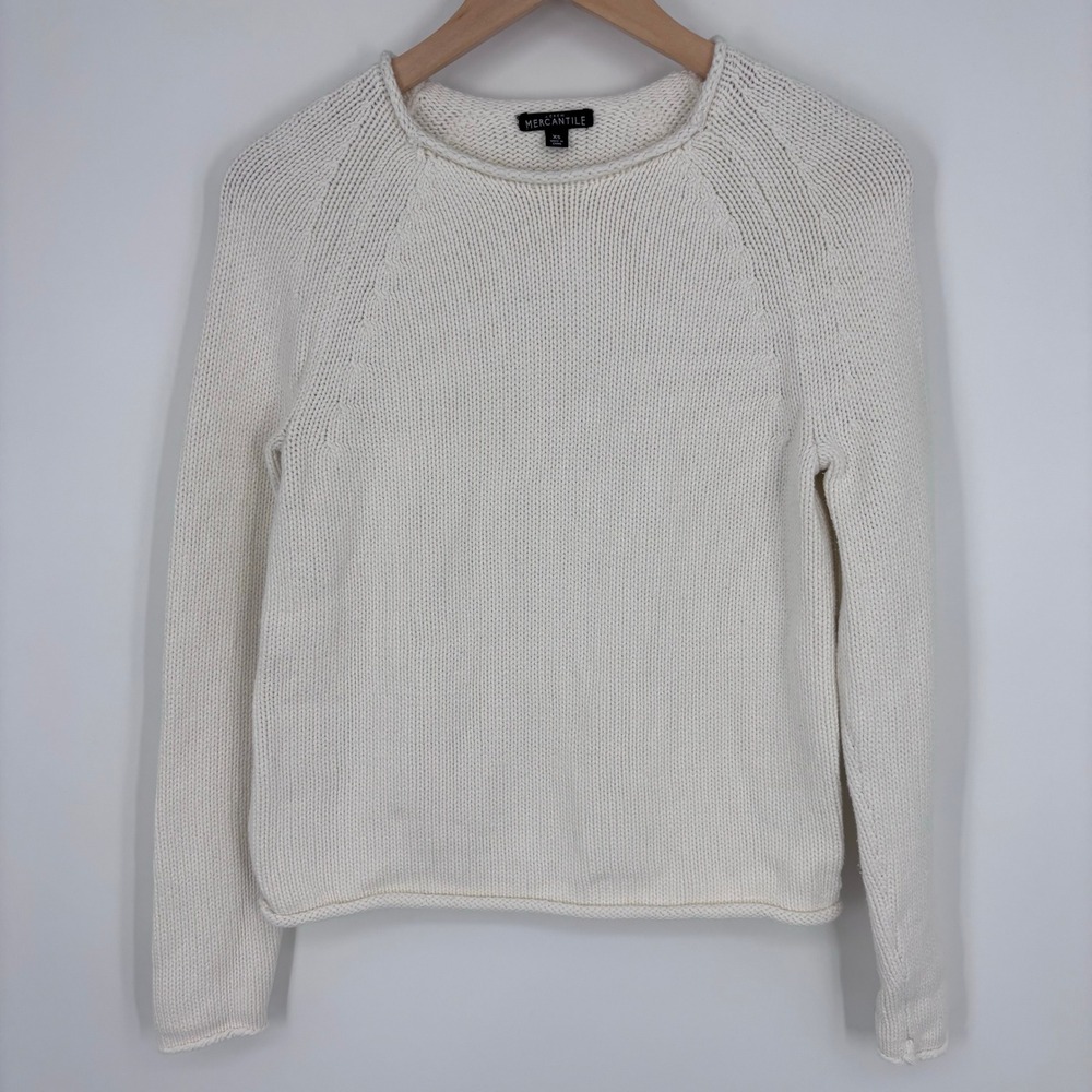 J.Crew Mercantile Roll Neck Cotton Knit Sweater Womens XS White Raglan Crewneck